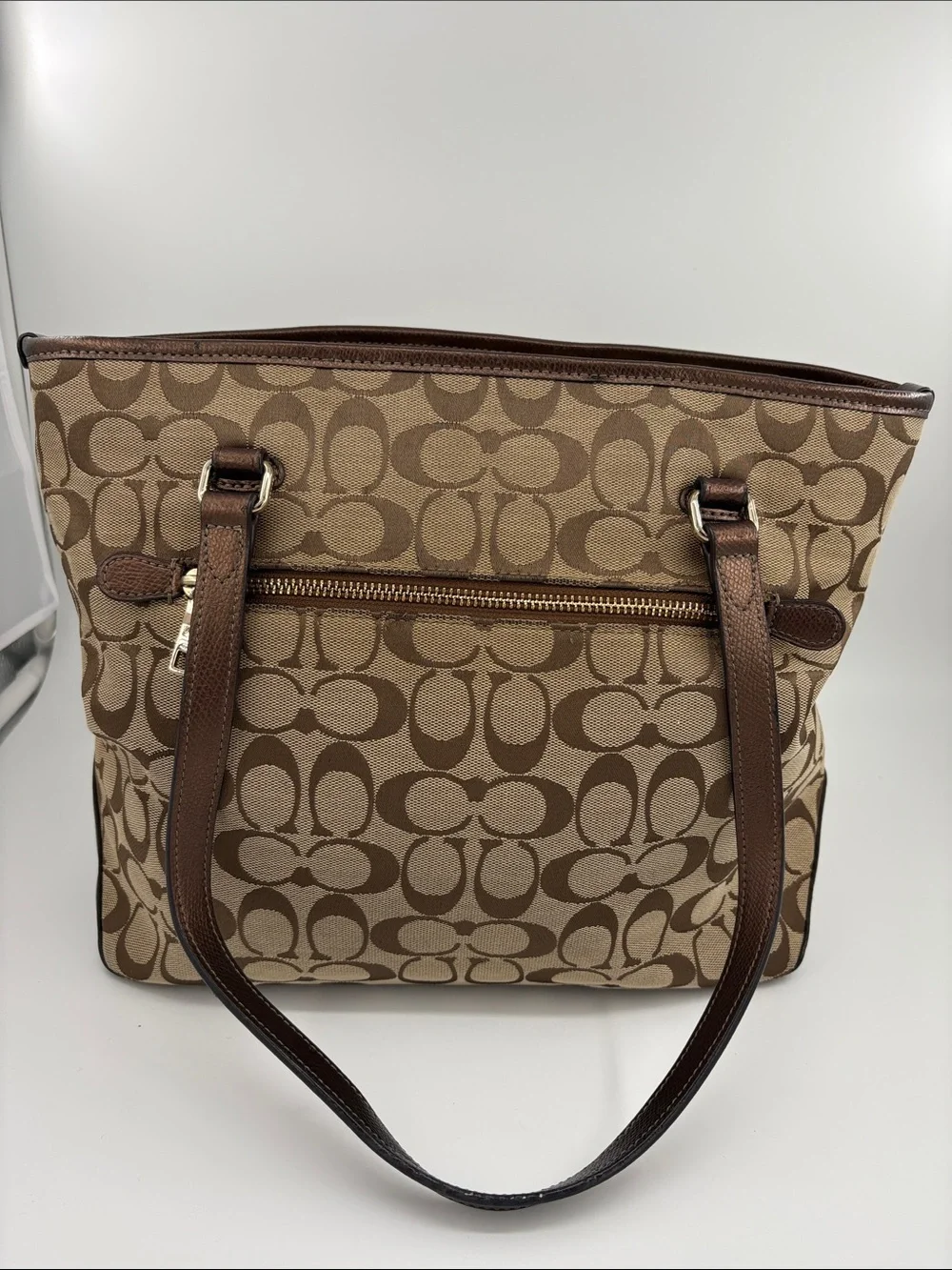 Coach Beige Brown Signature Canvas Tote with Dark Brown Straps